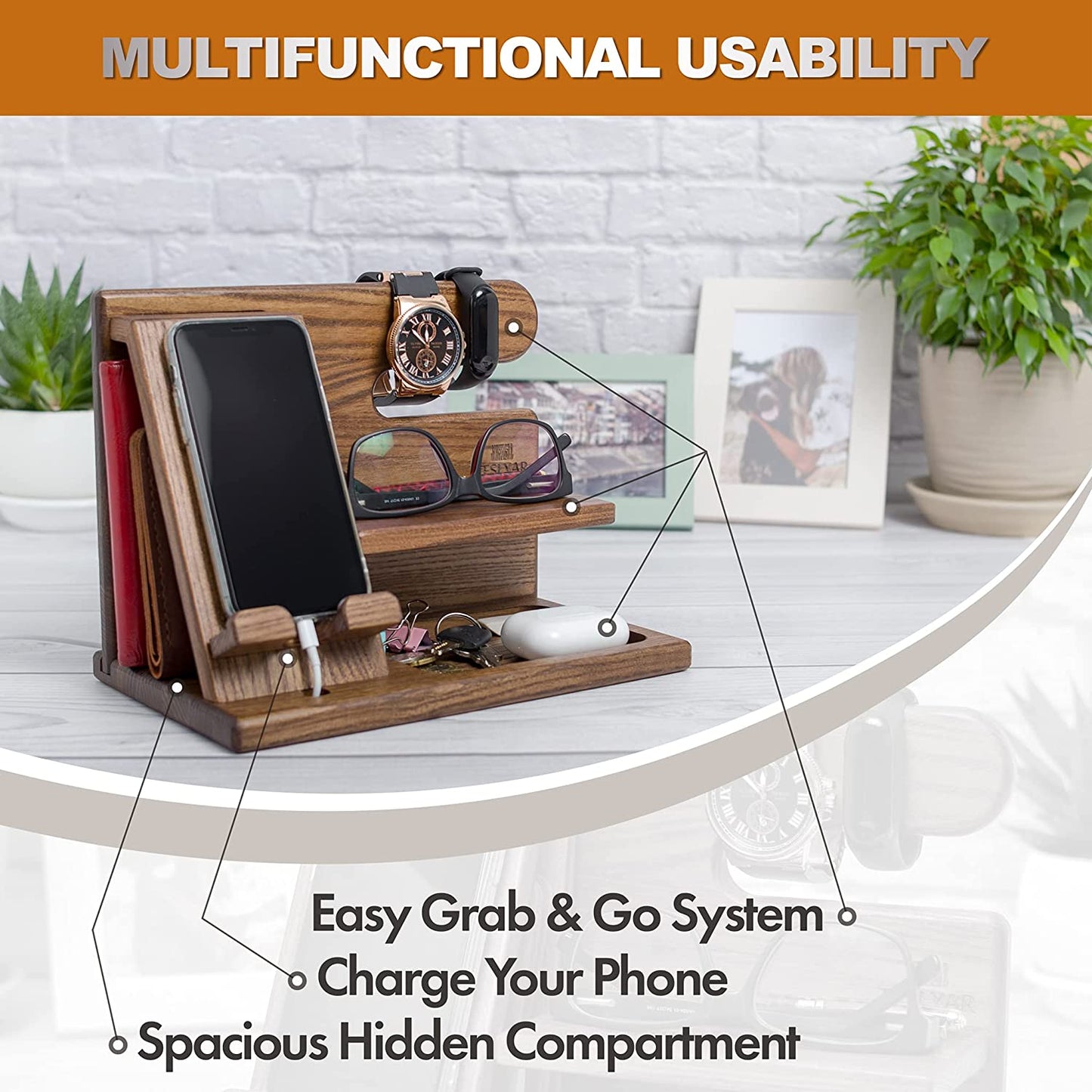 Phone Docking Station - Key & Wallet Holder and Watch Organizer Stand