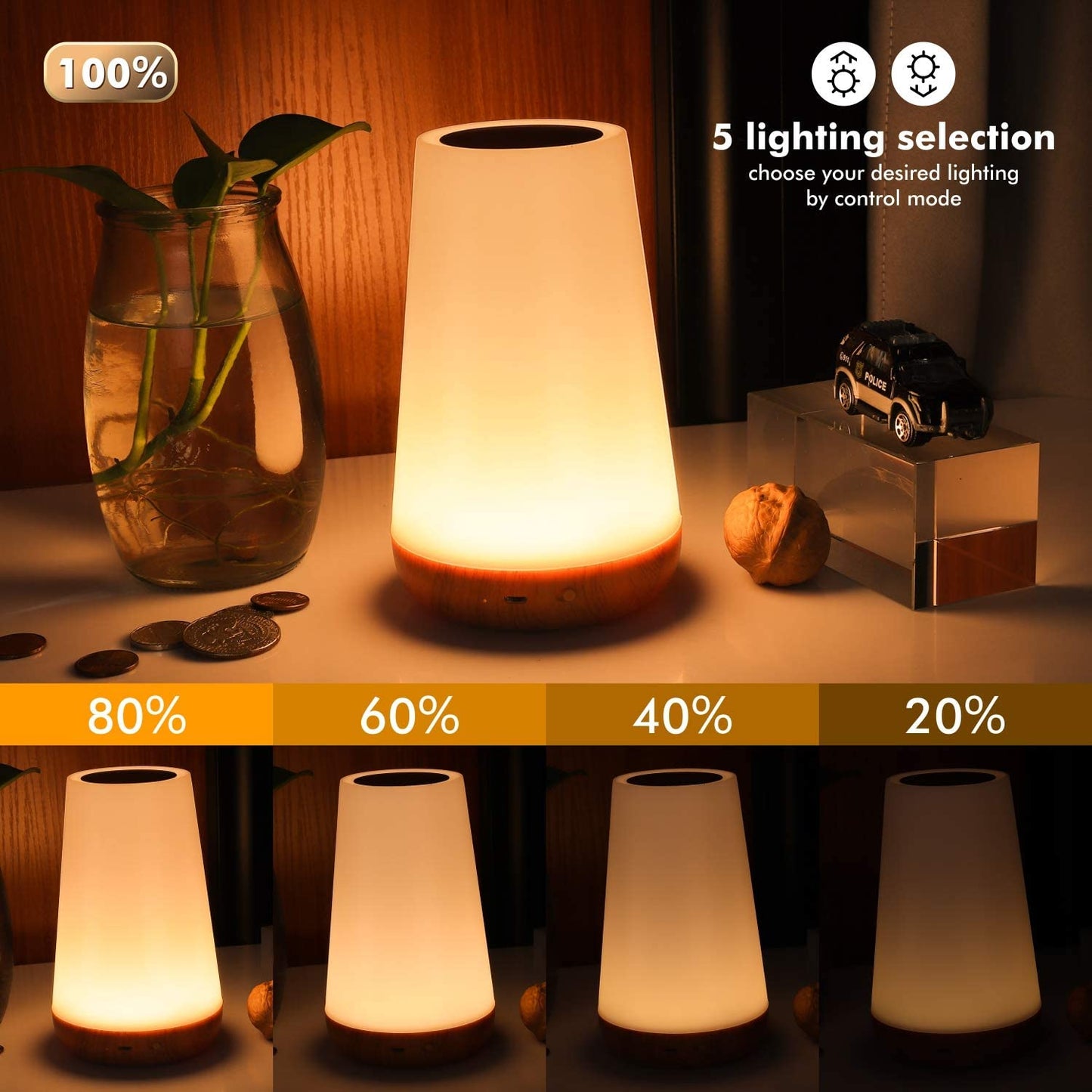 Touch Lamp Portable Bedside Lamps - USB Charging Port 5 Level Light & 13 Color Changing RGB Night Light