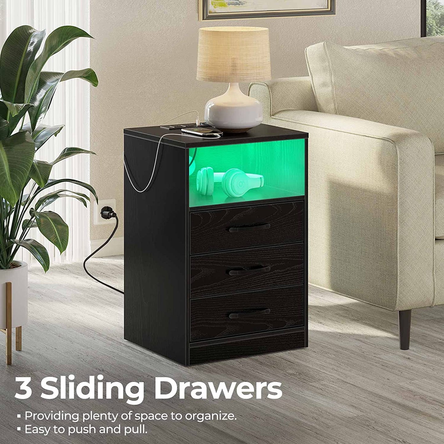 Bedroom Table - Nightstand with Wireless Charging Station and LED Lights & 3 Drawers