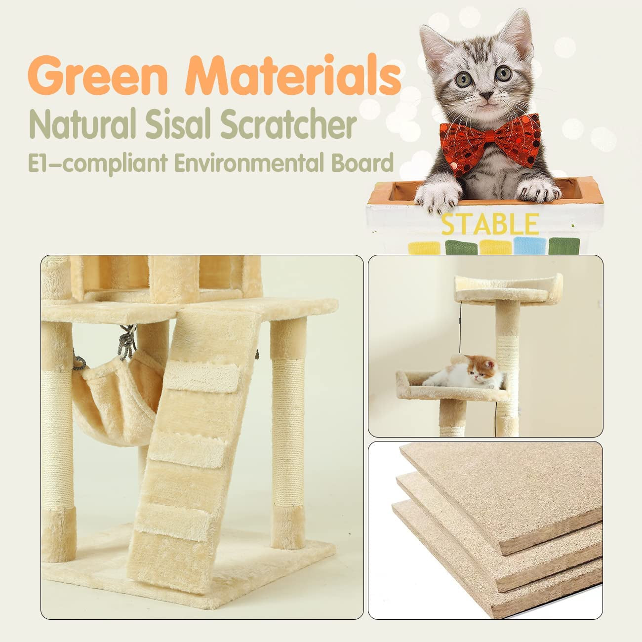 Cat Tree - Tall Cat Tower Scratch Post with Natural Sisal Rope and Hammock & Cradle