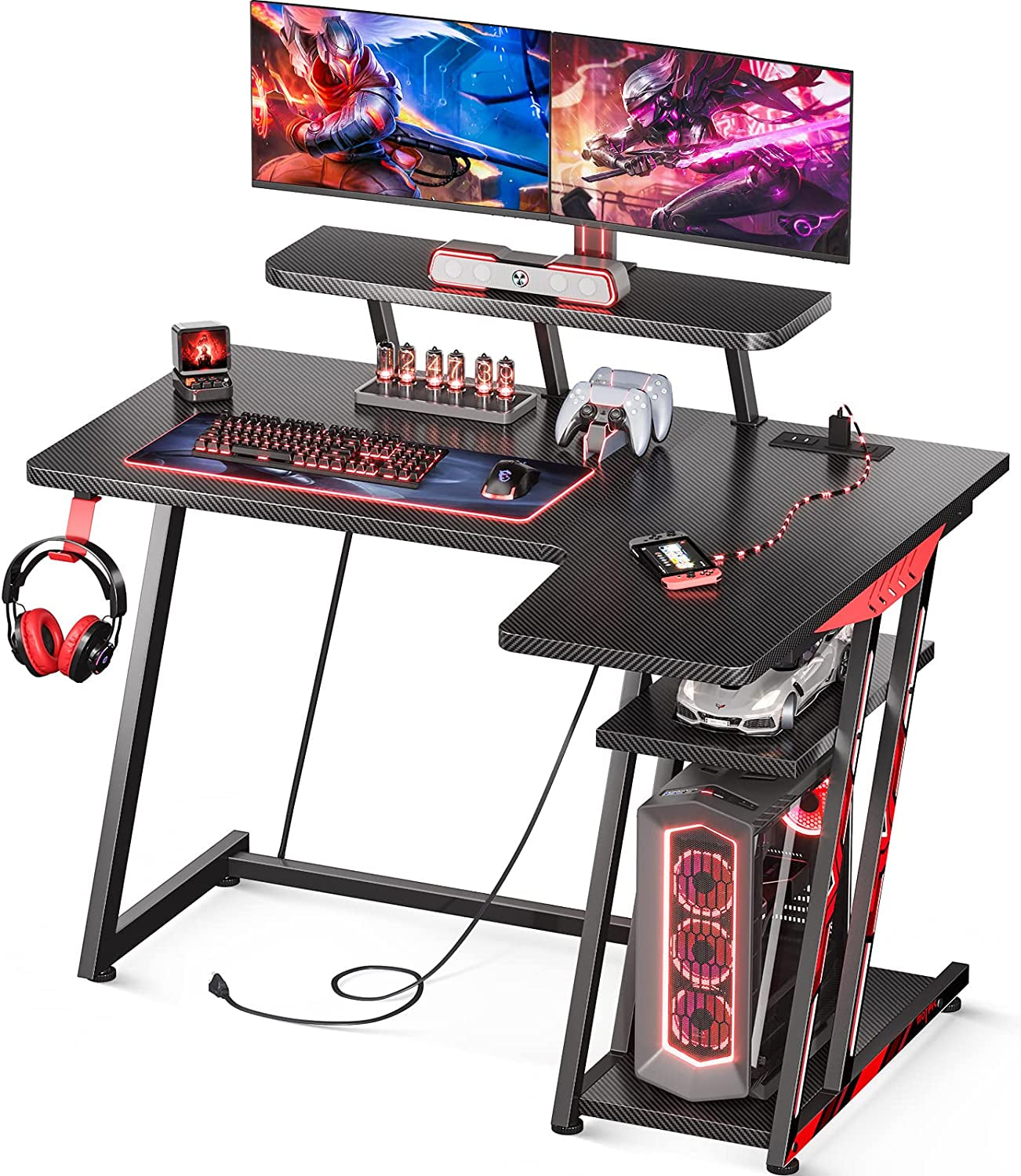 Gaming Desk - Office Desk with Storage Shelf & Power Outlets Desk with Monitor Shelf