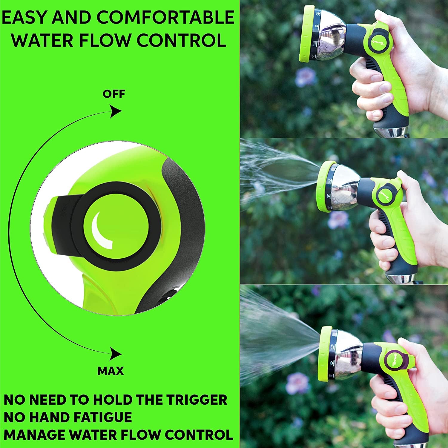 Garden Hose Nozzle - THUMB CONTROL on/off VALVE - 10 Spray Pattern