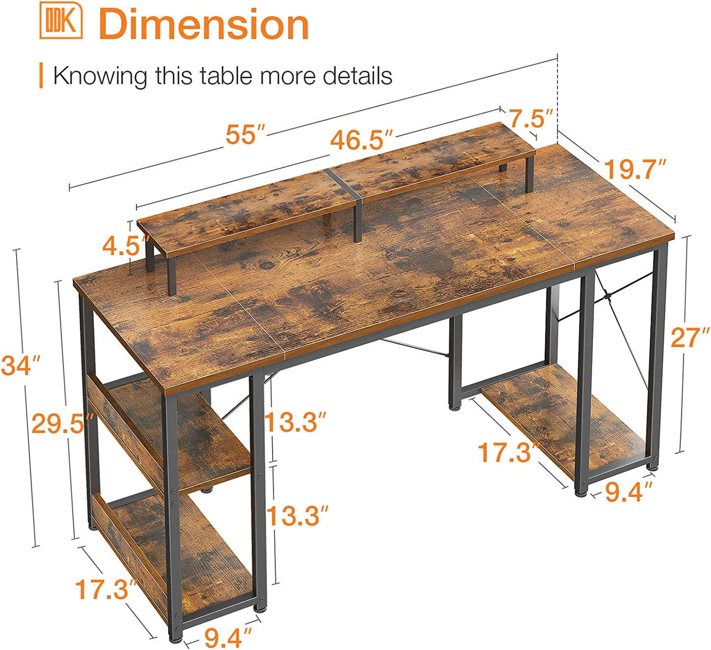 Computer Desk - 55 Inch Vintage Gaming Desk with Monitor Shelf and Storage Shelves