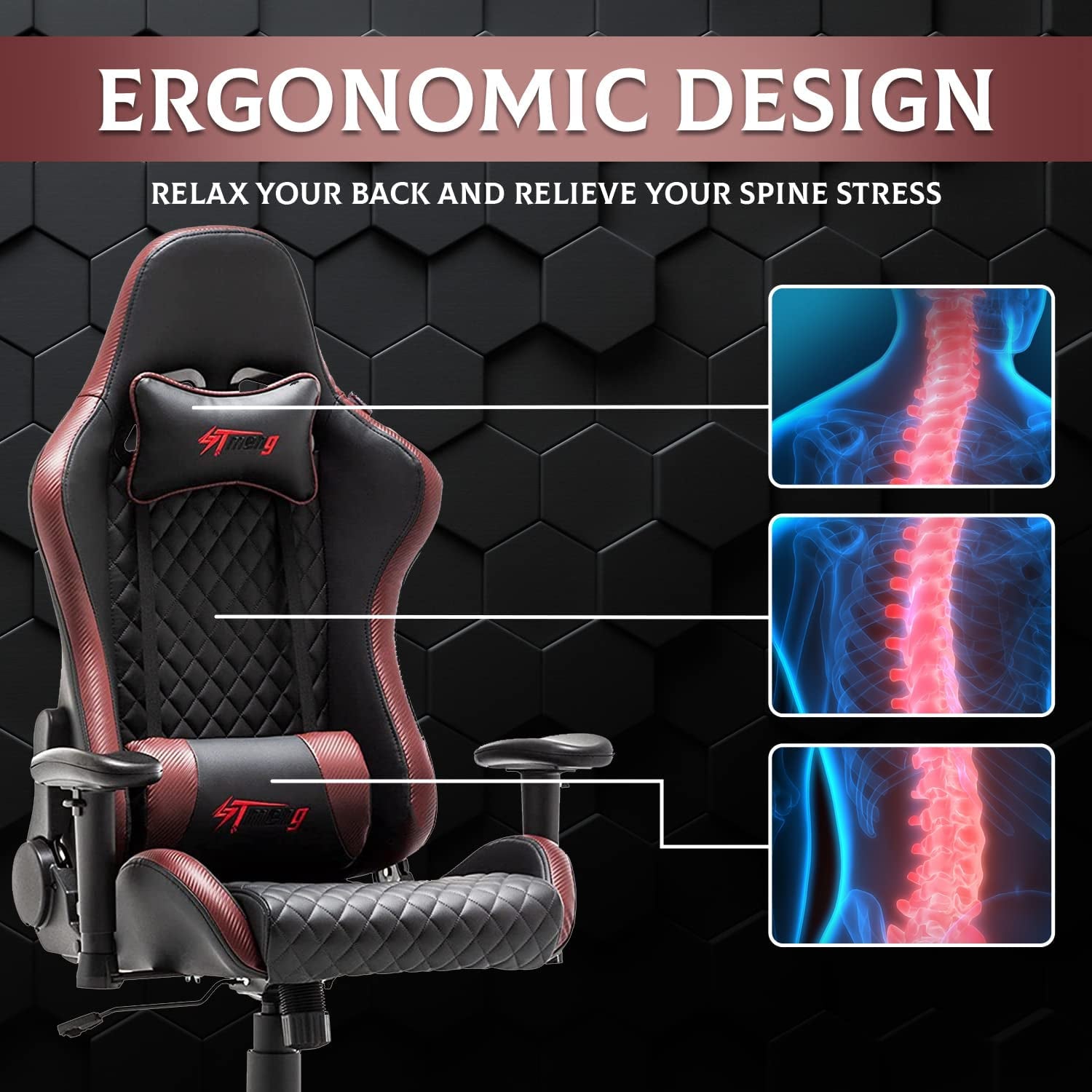 Office Chairs - Gaming Chairs Leather Reclining with Lumbar Support & Headrest