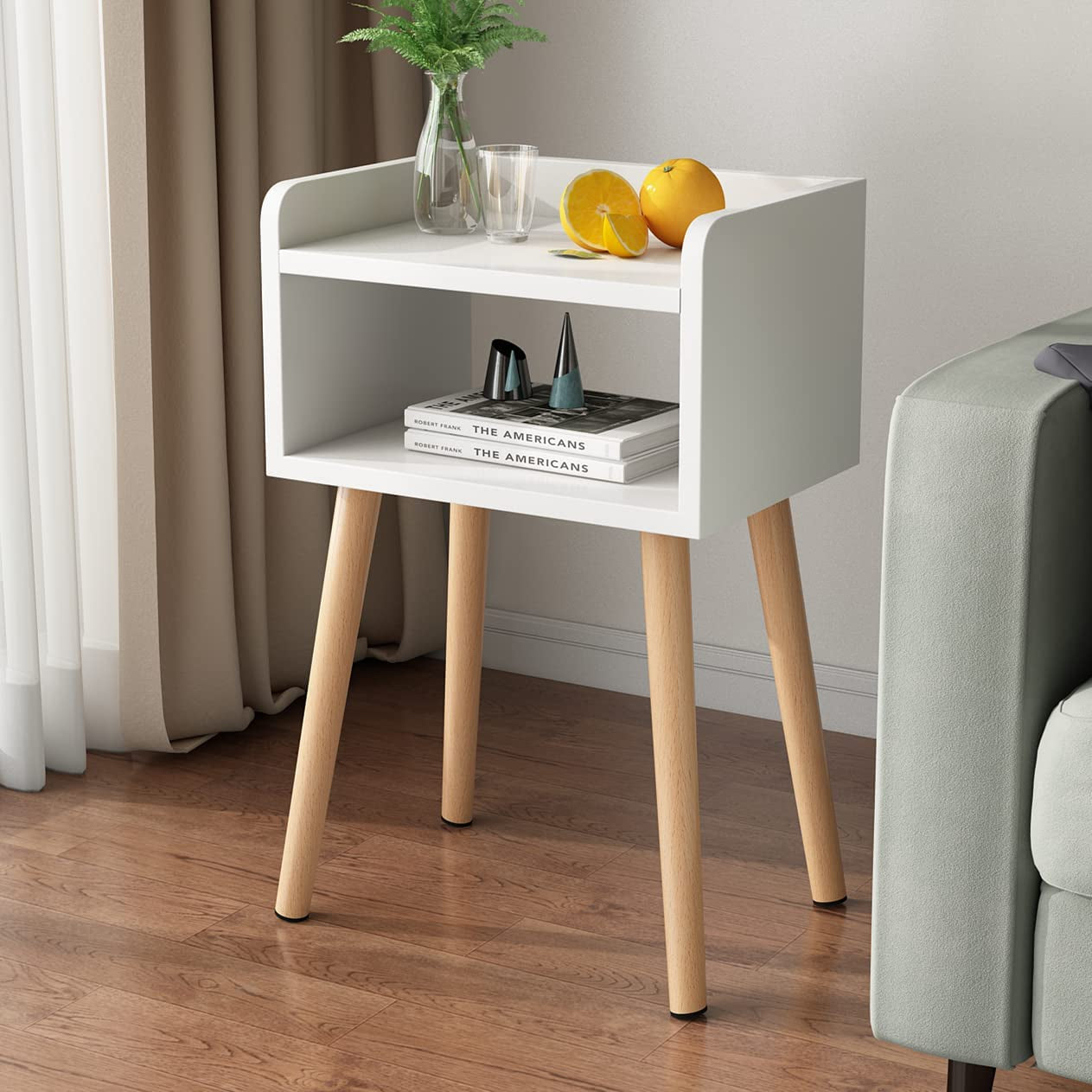 Bedside Nightstand Bedside Table with Solid Wood Legs Open Storage Shelf