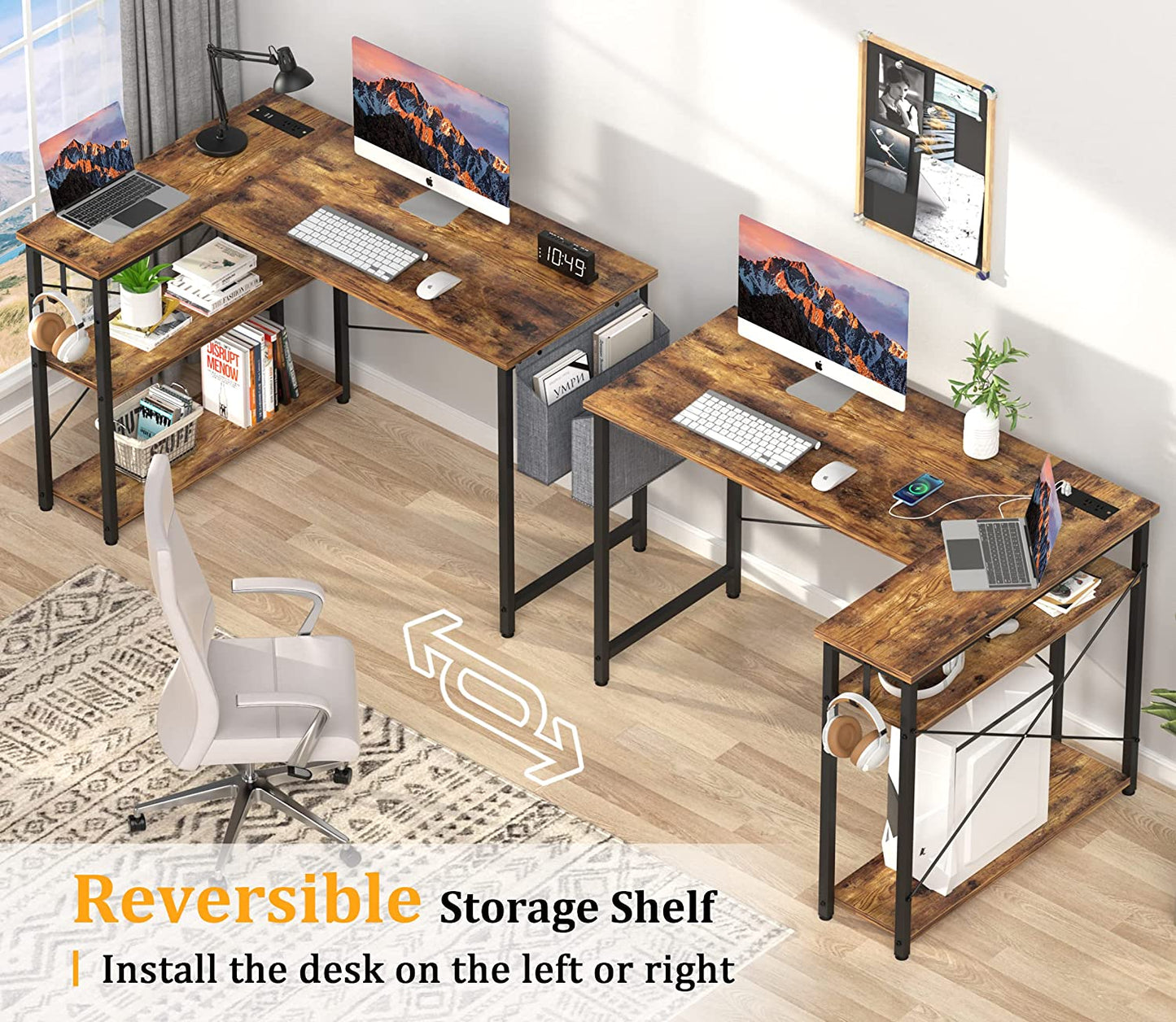 Office Desk - 47 Inch Desk with Outlets & USB Ports Reversible and Storage Shelves & Hook