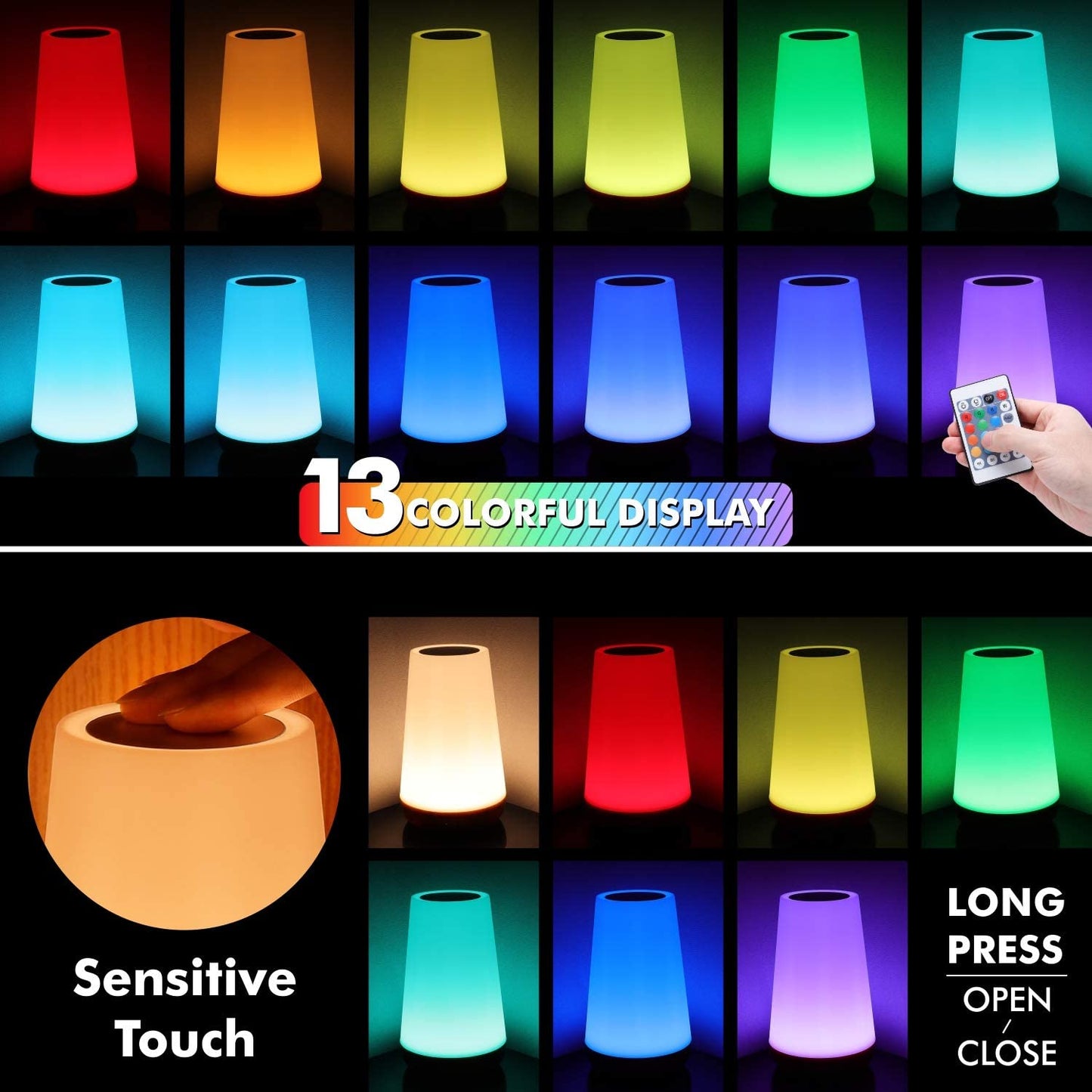 Touch Lamp Portable Bedside Lamps - USB Charging Port 5 Level Light & 13 Color Changing RGB Night Light