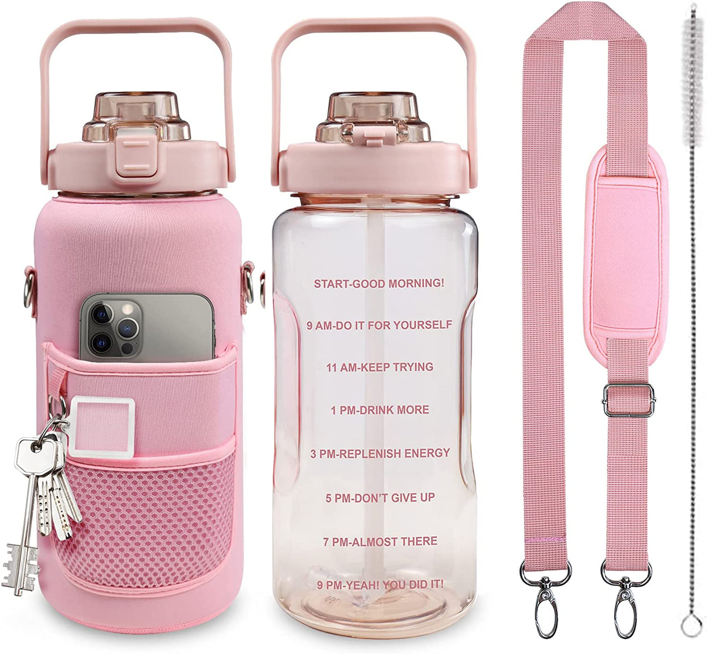 Water Bottle with Sleeve 64Oz Bottle with Straw & Time Marker BPA Free Leakproof Large Bottle