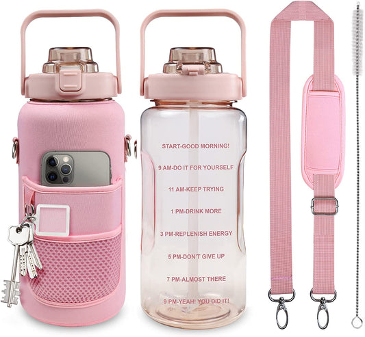 Water Bottle with Sleeve 64Oz Bottle with Straw & Time Marker BPA Free Leakproof Large Bottle