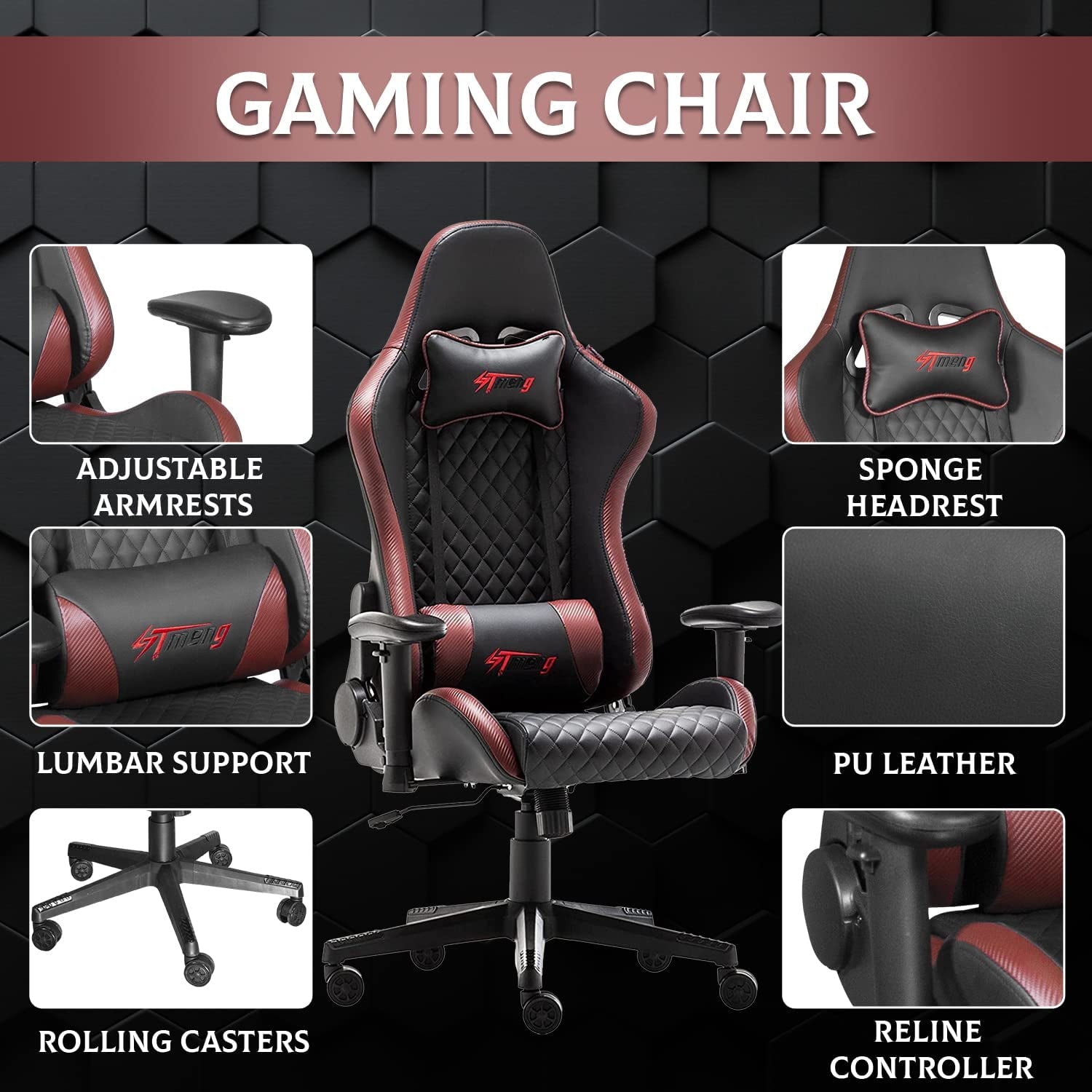 Office Chairs - Gaming Chairs Leather Reclining with Lumbar Support & Headrest