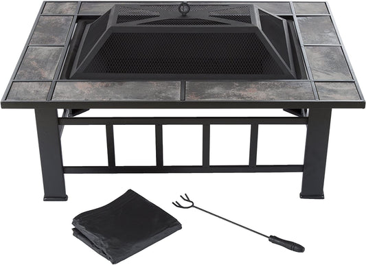 Marble Tile Rectangular Firepit - Fire Pit Set Includes Screen Cover and Log Poker