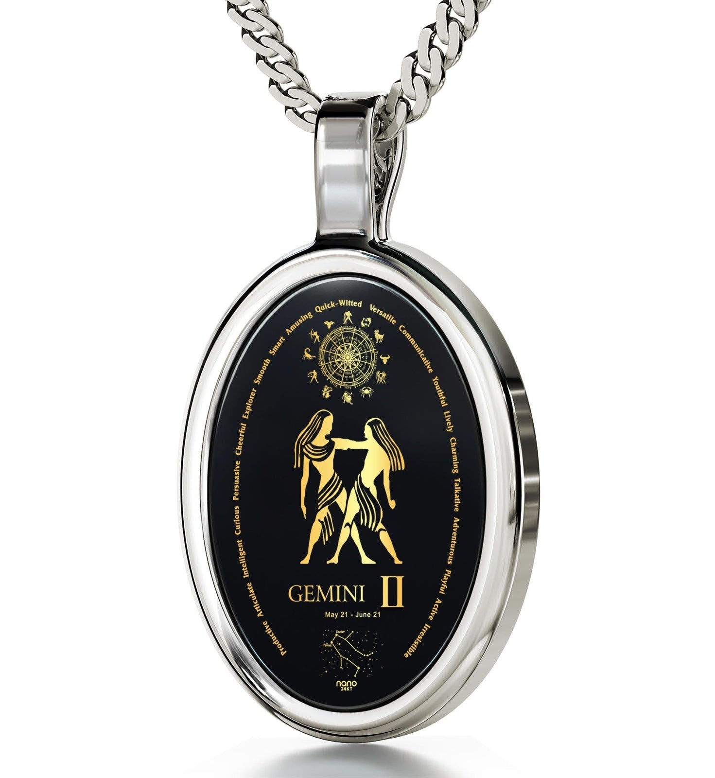 Gemini Necklace 24k Gold Inscribed on Onyx Stone