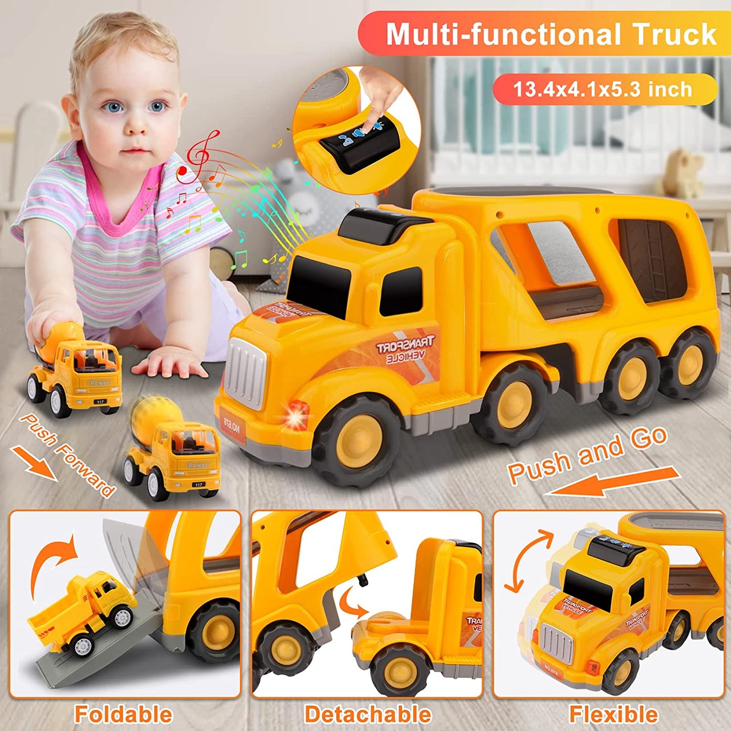 Kids Trucks Toys - 5 in 1 Trucks Toddler Construction Toys Carrier Vehicle