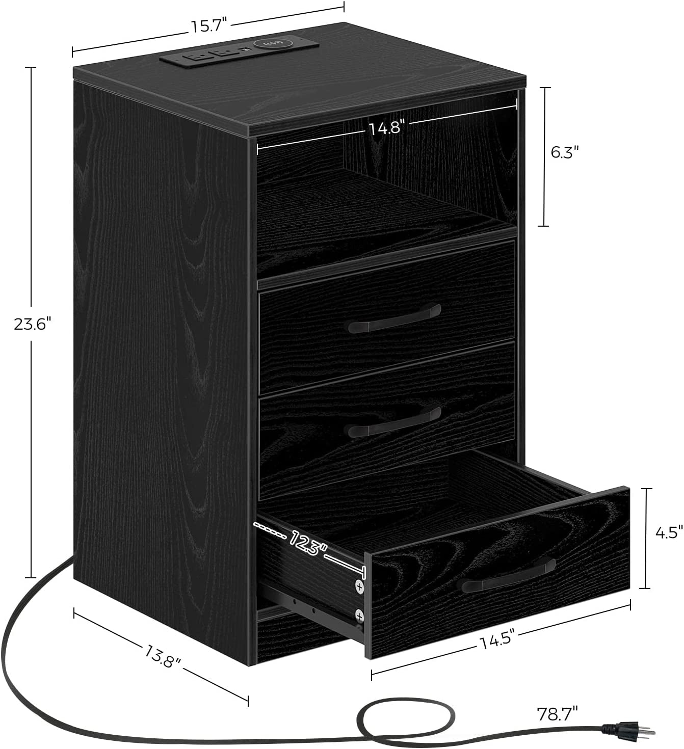 Bedroom Table - Nightstand with Wireless Charging Station and LED Lights & 3 Drawers