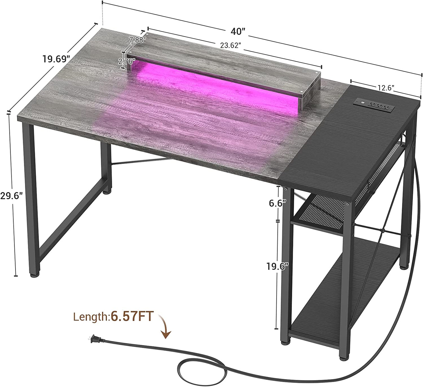 Computer Desk with LED Lights & Power Outlet and USB - 40INCh Reversible Laptop Table