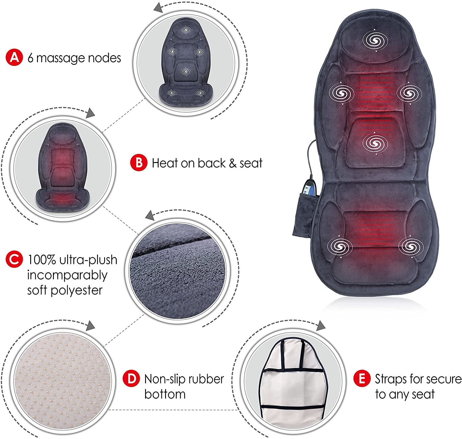 Massage Seat Cushion - Heat 6 Vibrating Motors and 2 Heat Levels