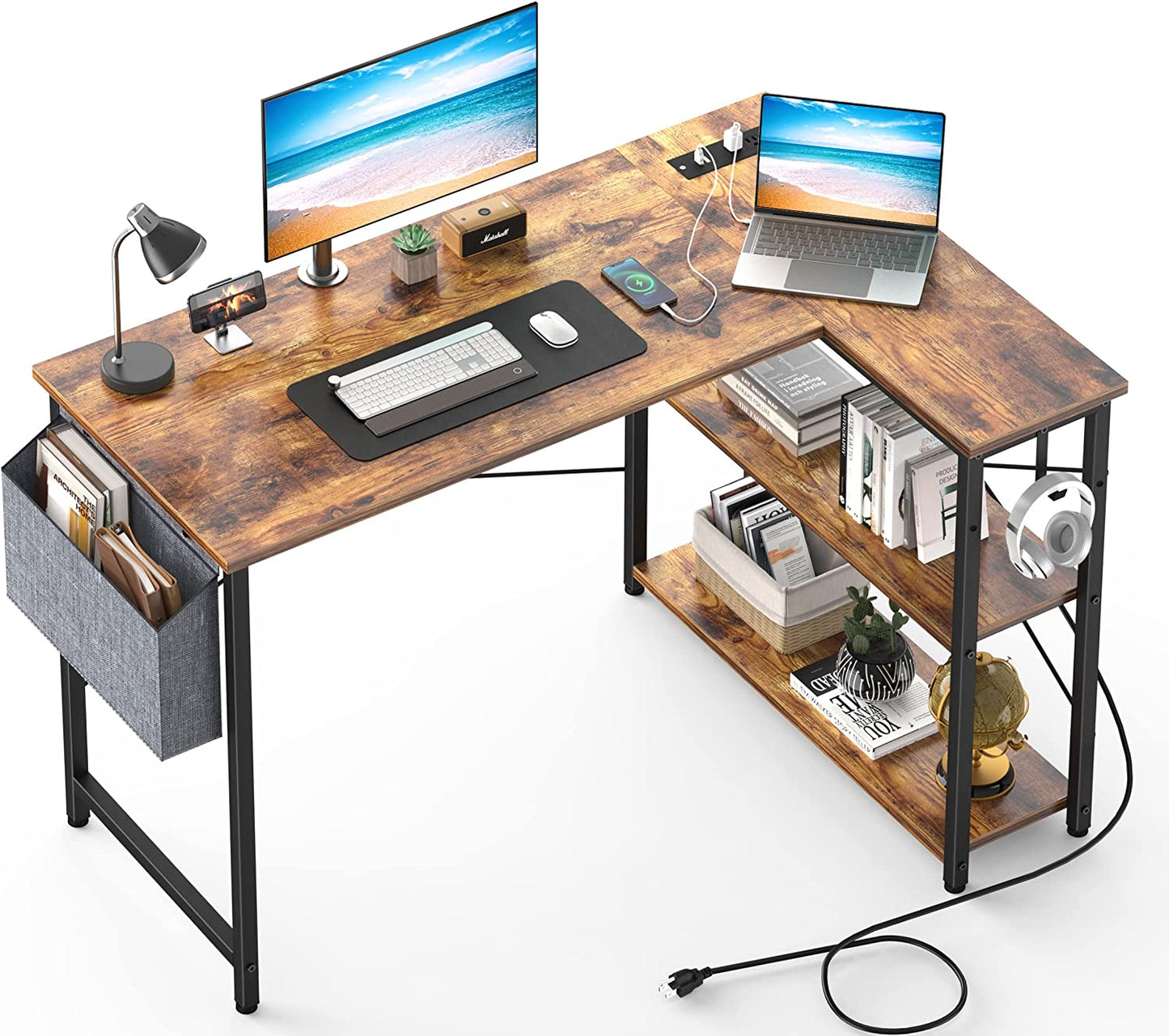 Office Desk - 47 Inch Desk with Outlets & USB Ports Reversible and Storage Shelves & Hook