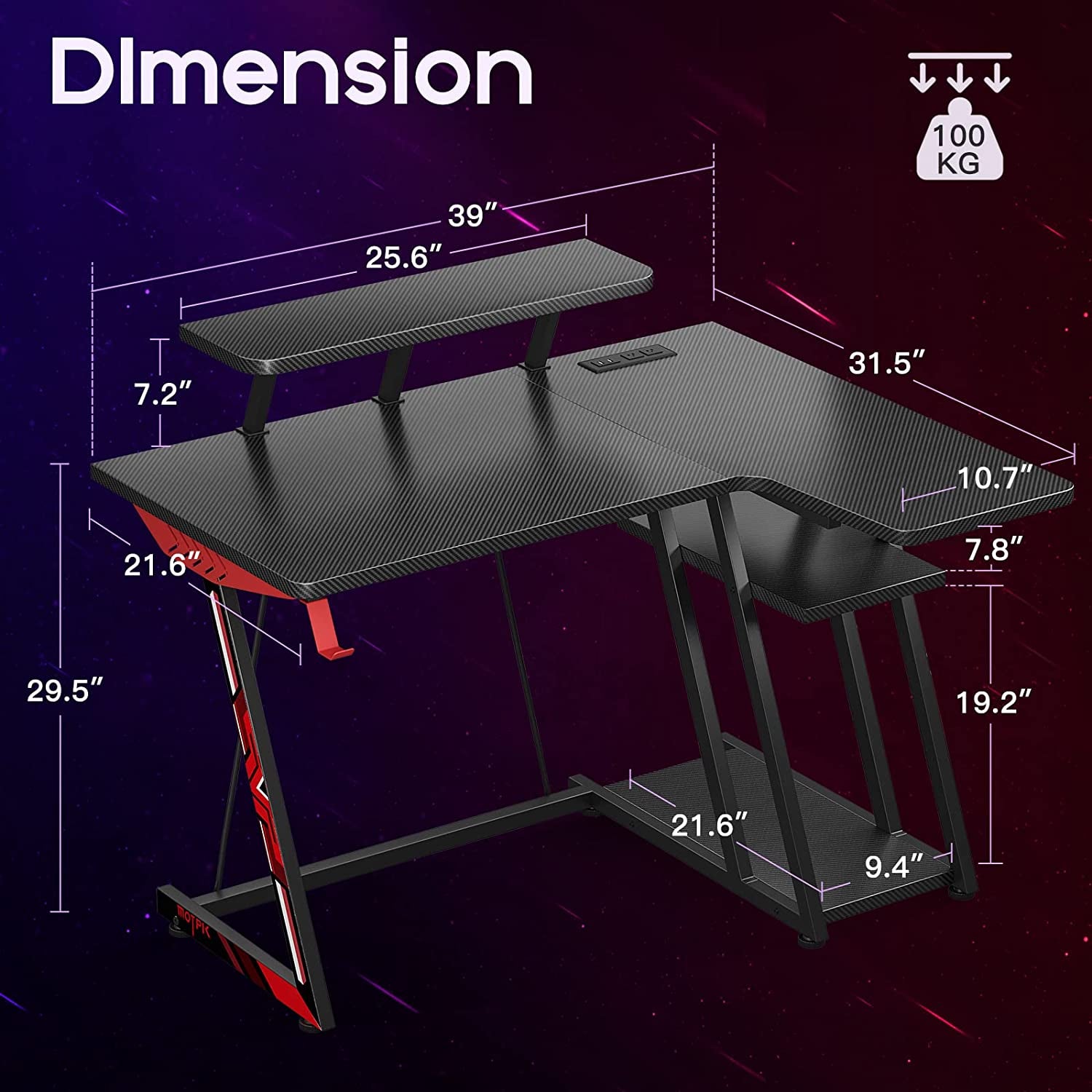 Gaming Desk - Office Desk with Storage Shelf & Power Outlets Desk with Monitor Shelf