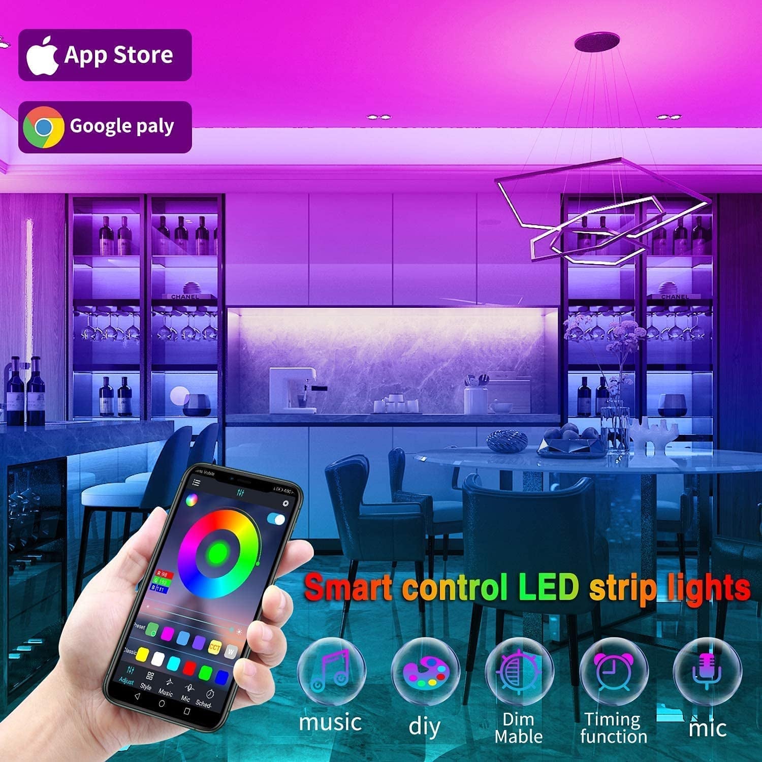 RGB Led Strip Lights - Color Changing Music Sync Led Lights with Remote and App Control