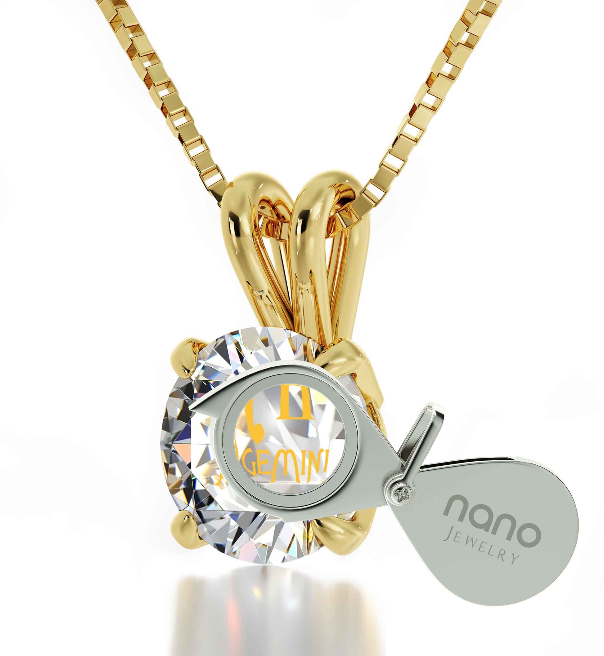 Gemini Necklace 24k Gold Inscribed on Crystal