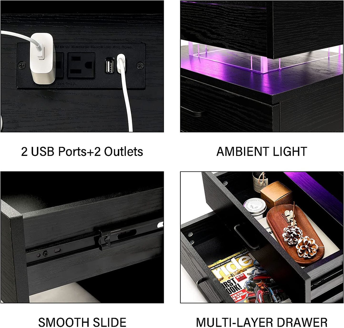 LED Voice-Activated Mode Nightstand - Bedside Table with Charging Station & 2 Drawers