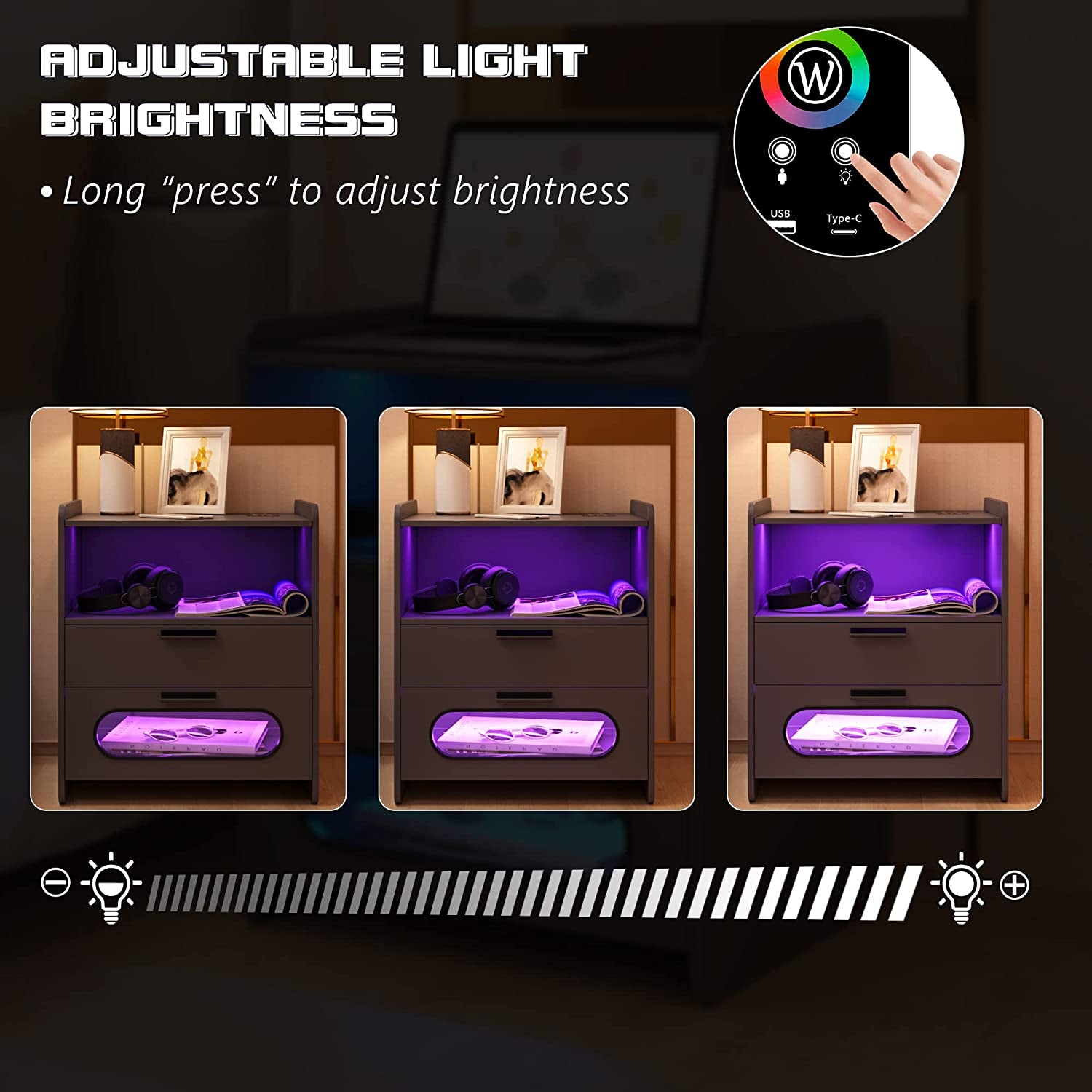 Bedside Table - RGB Nightstand with Wireless Charging Station and USB Ports LED 24 Color