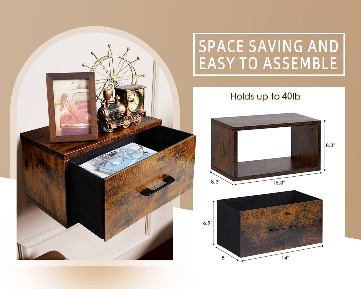 Wall Mounted Nightstand - Floating Nightstand Table with Drawer Bedside Shelf