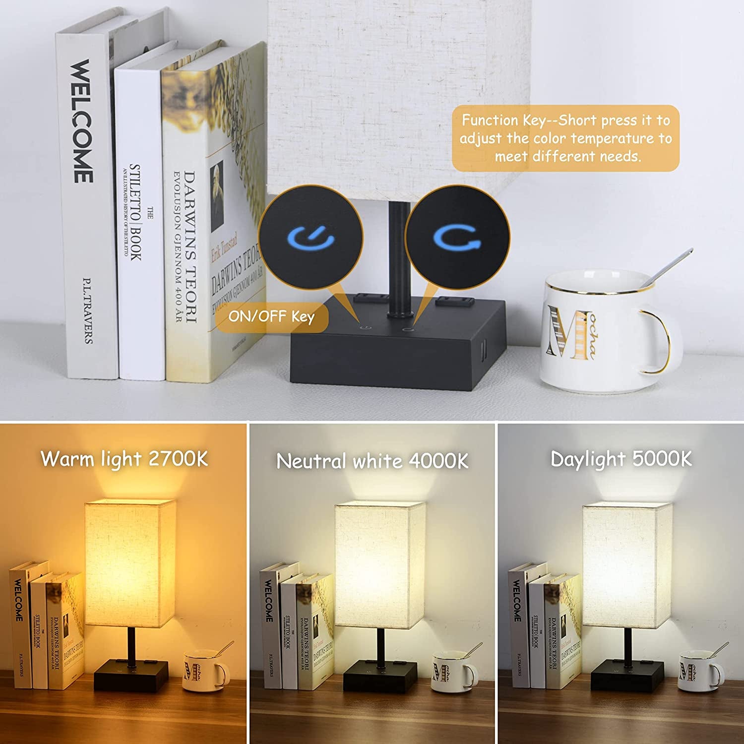 Touch Control Table Lamp - 3-Color Bedside Lamp with 2 USB Ports and 2 AC Outlets Bulb Included