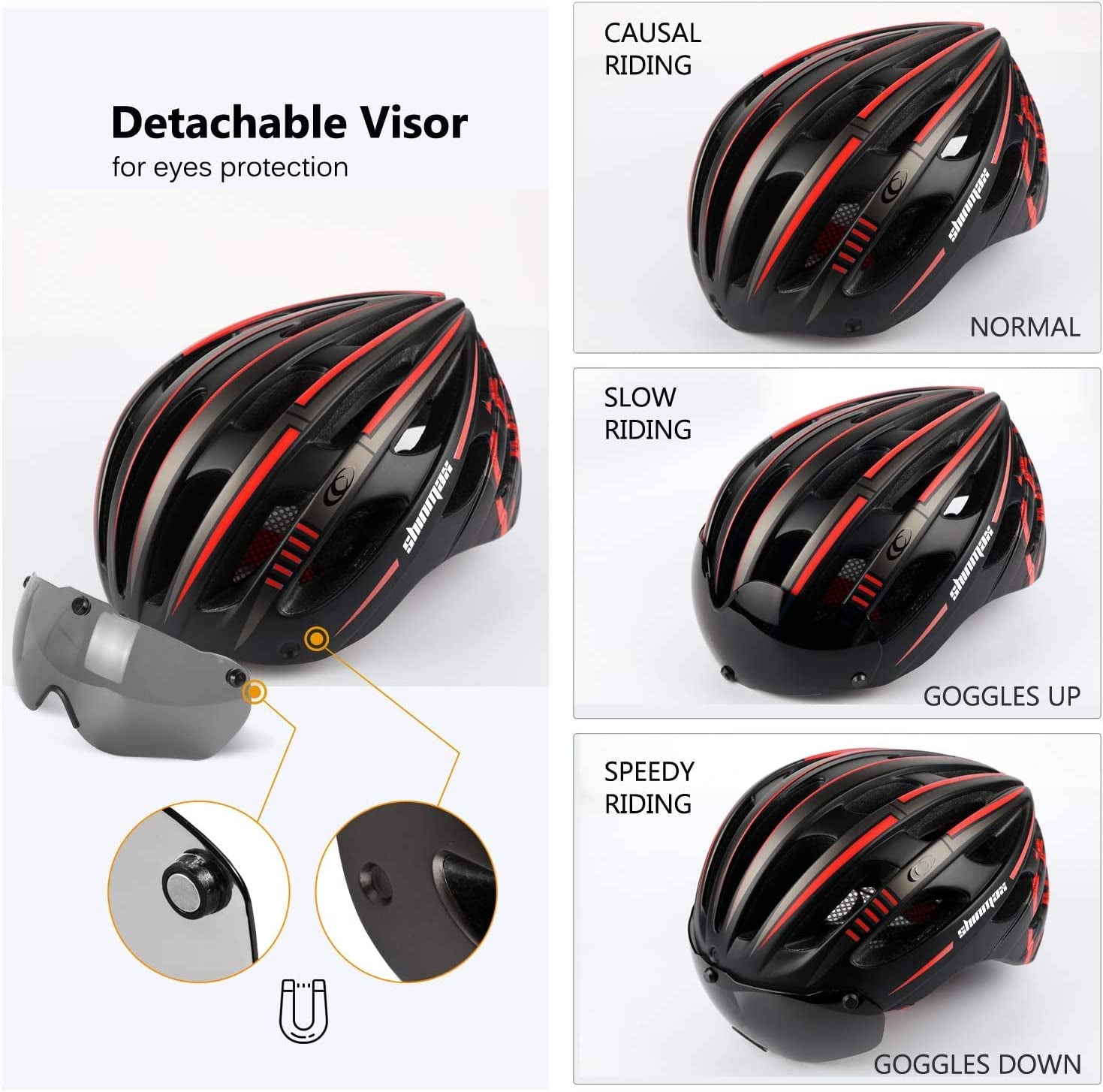 Reflective Bicycle Helmet - USB Rechargeable Light Helmet with Detachable Magnetic UV Goggles