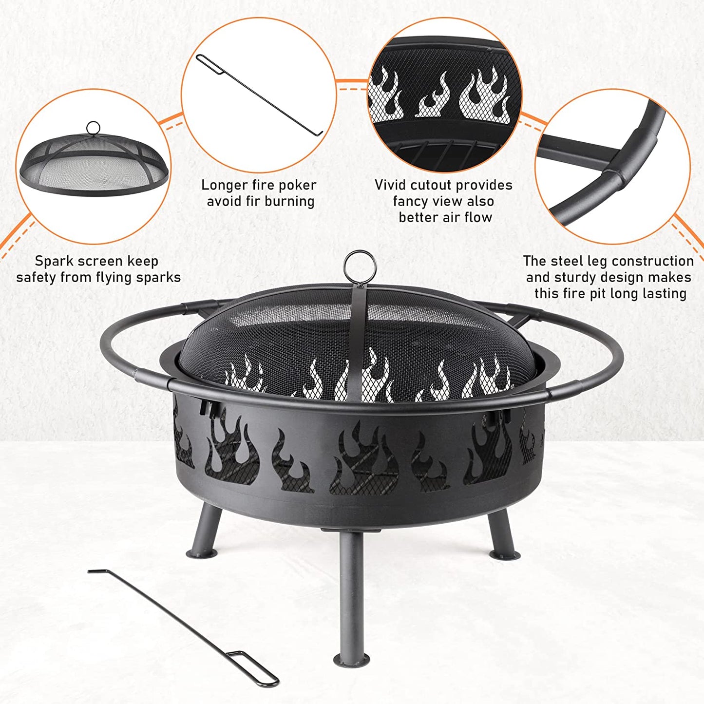 Patio Fire Pit - 30 Inch Iron Cast Fire Pit For Backyard with Spark Screen