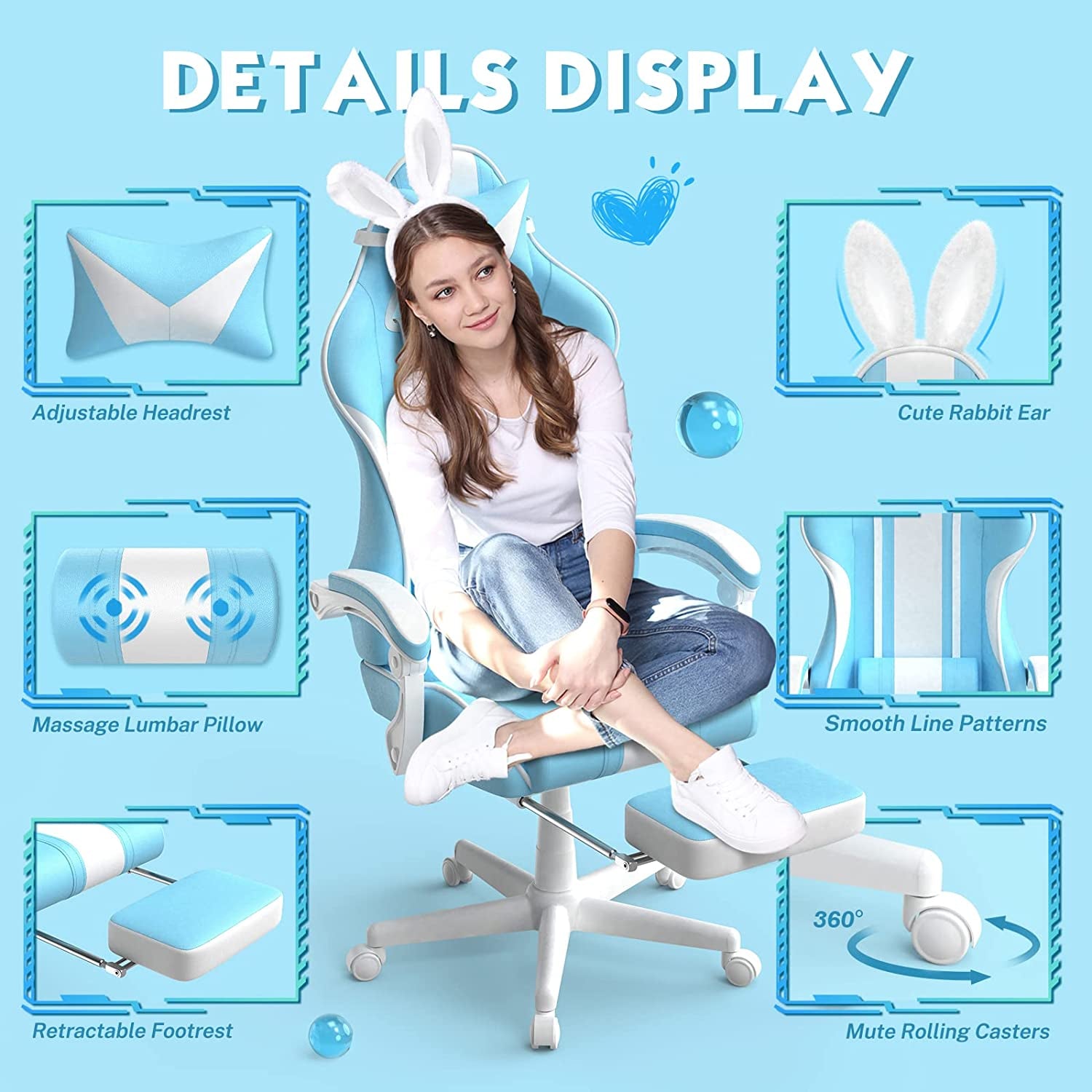 Gaming Chair with Bunny Ear - Cute Gaming Chairs for Adults & Teens Office Chair with Footrest