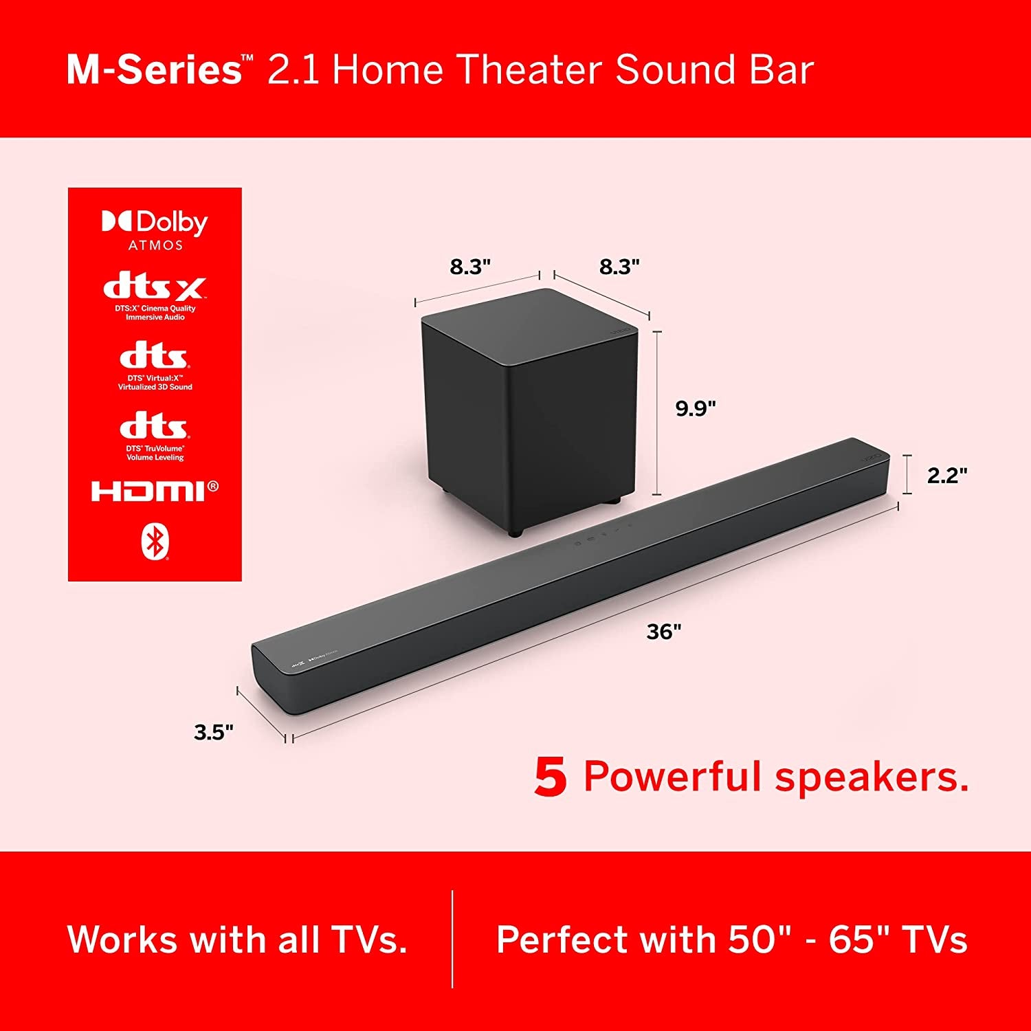 Sound Bar - 2.1 Sound Bar with Dolby Atmos & DTS:X Wireless Subwoofer