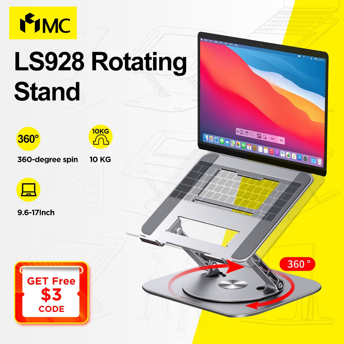 Laptop Stand 360° Desk Rotating Base - Laptop Riser Adjustable Height