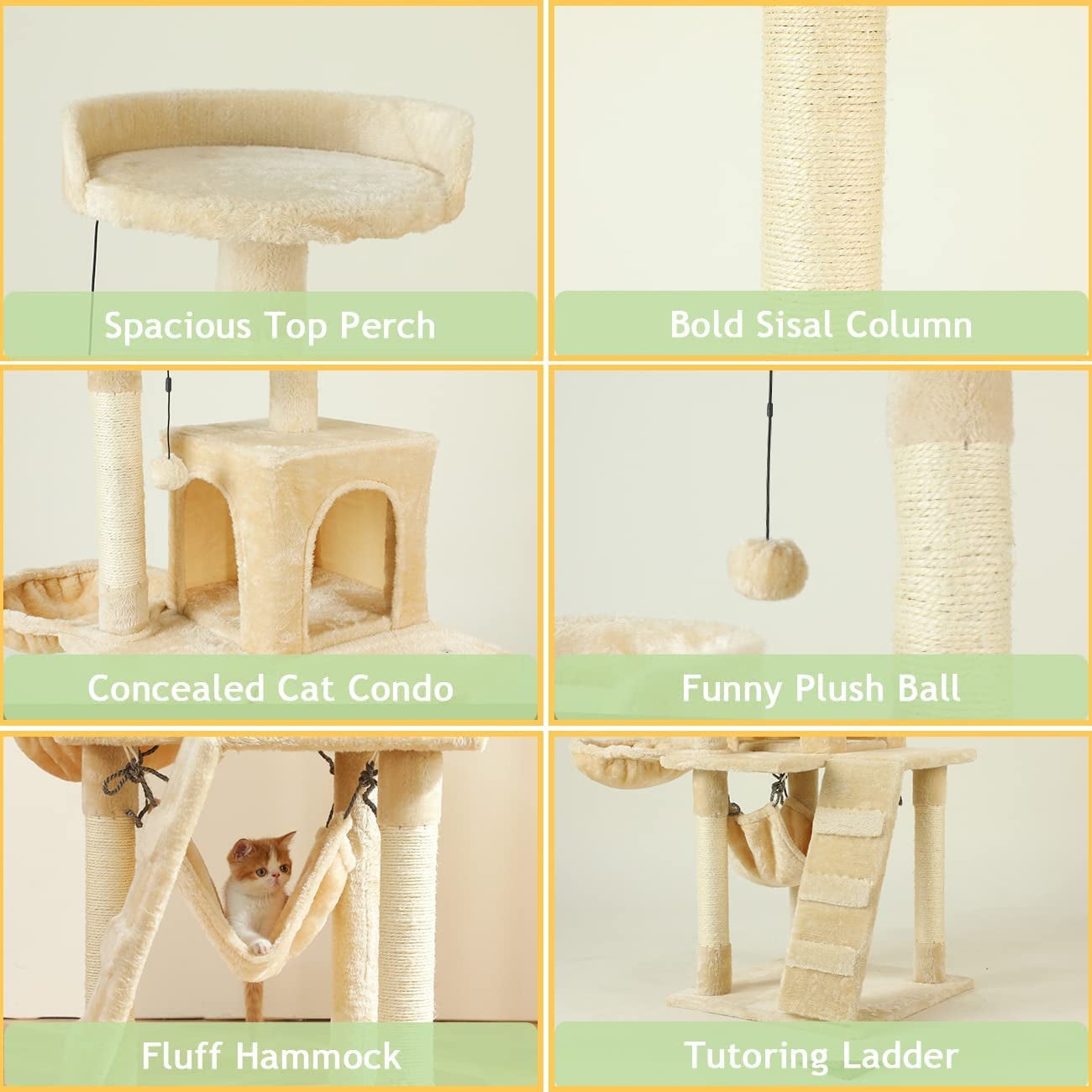 Cat Tree - Tall Cat Tower Scratch Post with Natural Sisal Rope and Hammock & Cradle