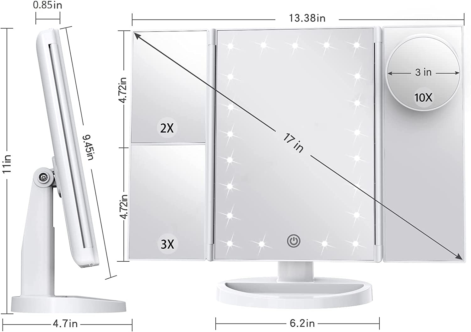 Makeup Mirror - Vanity Mirror with LED Lights Touch Control & Trifold