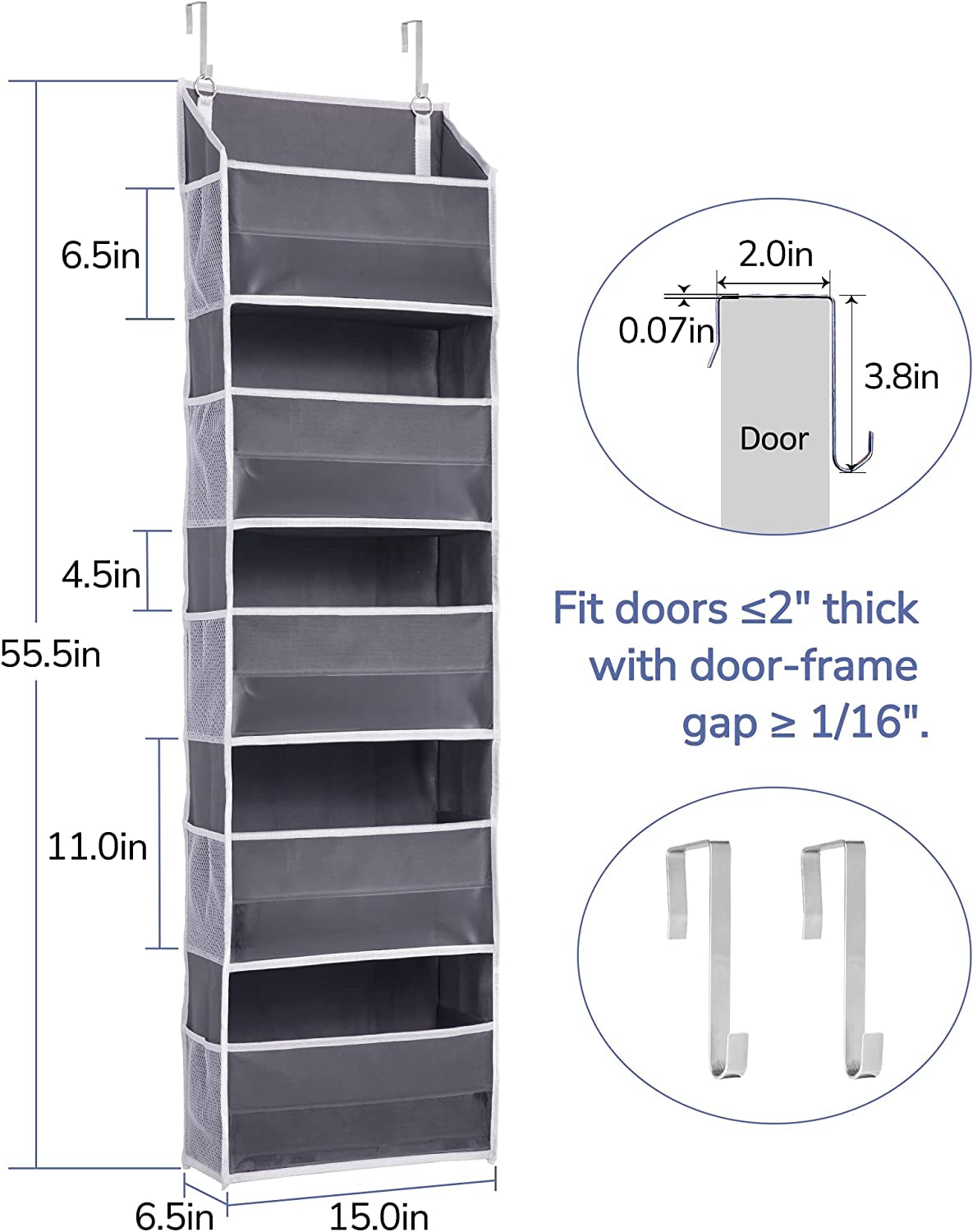 Over Door Organizer - 5 Large Pockets & 10 Mesh Side Pockets Hanging Storage Organizer