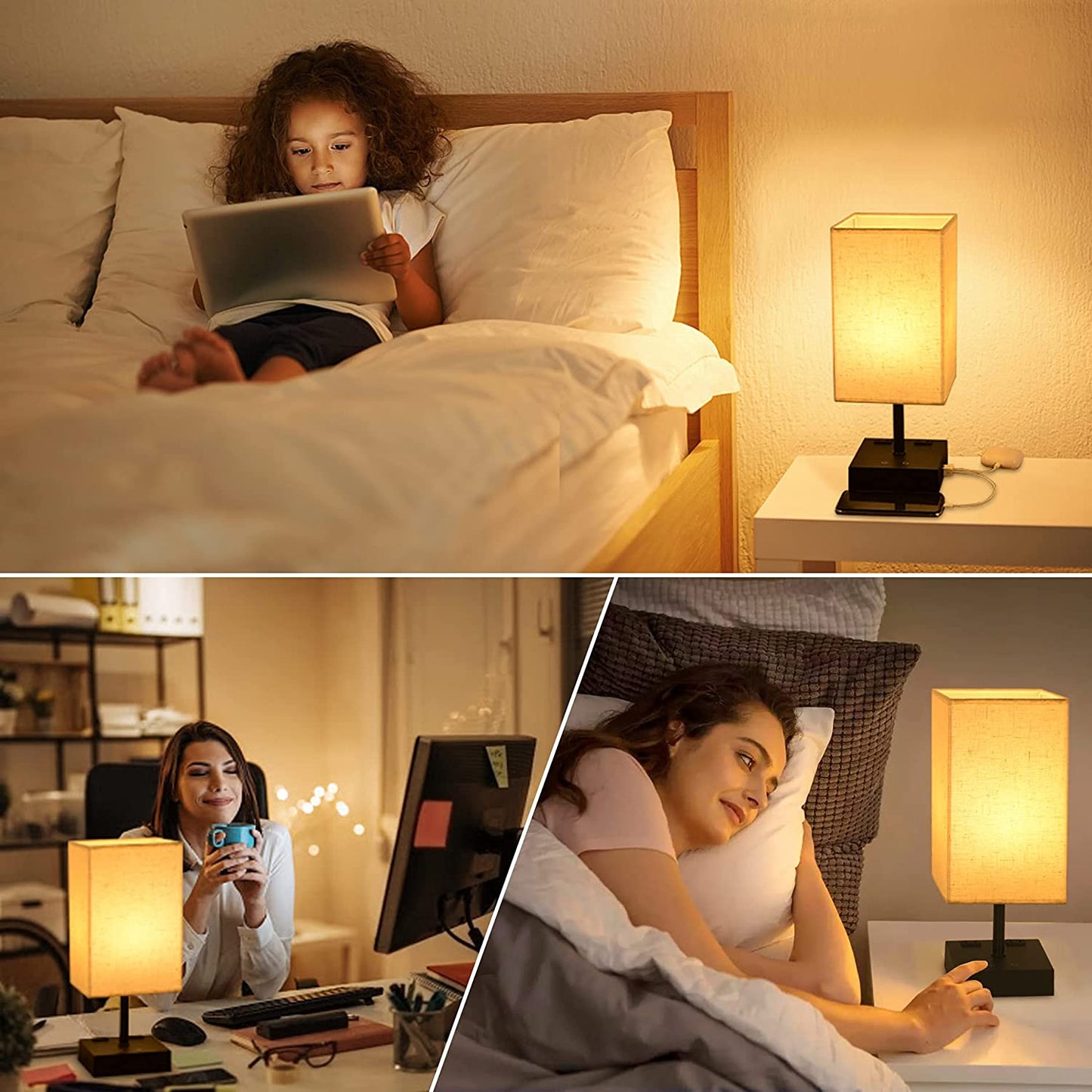 Touch Control Table Lamp - 3-Color Bedside Lamp with 2 USB Ports and 2 AC Outlets Bulb Included