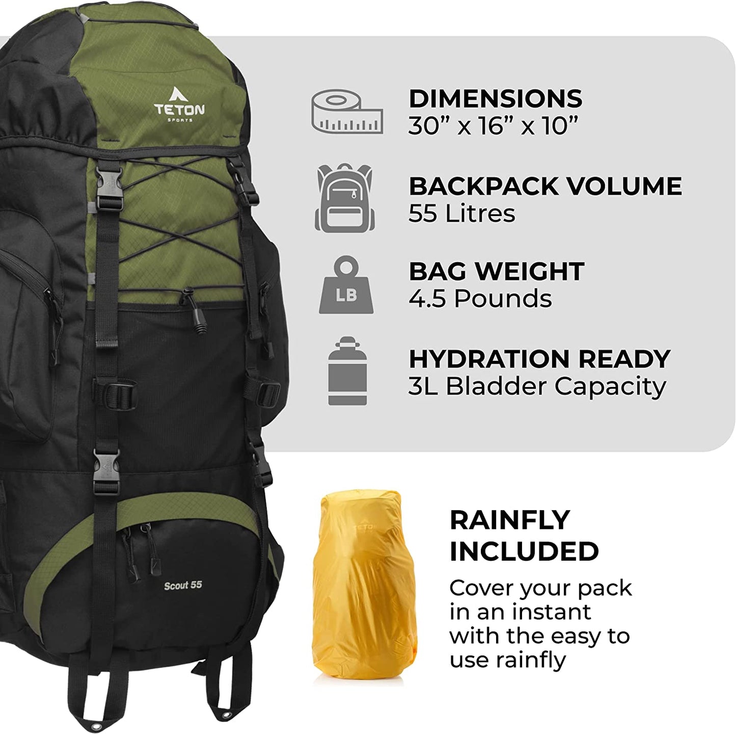 High-Performance Backpack - Scout Backpack for Hiking Camping Backpacking 55L