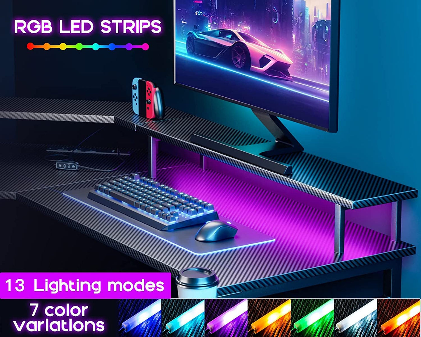 Gaming Desk - Computer Desk LED Lights & Power Outlets & Full Monitor Stand & Cup Holder