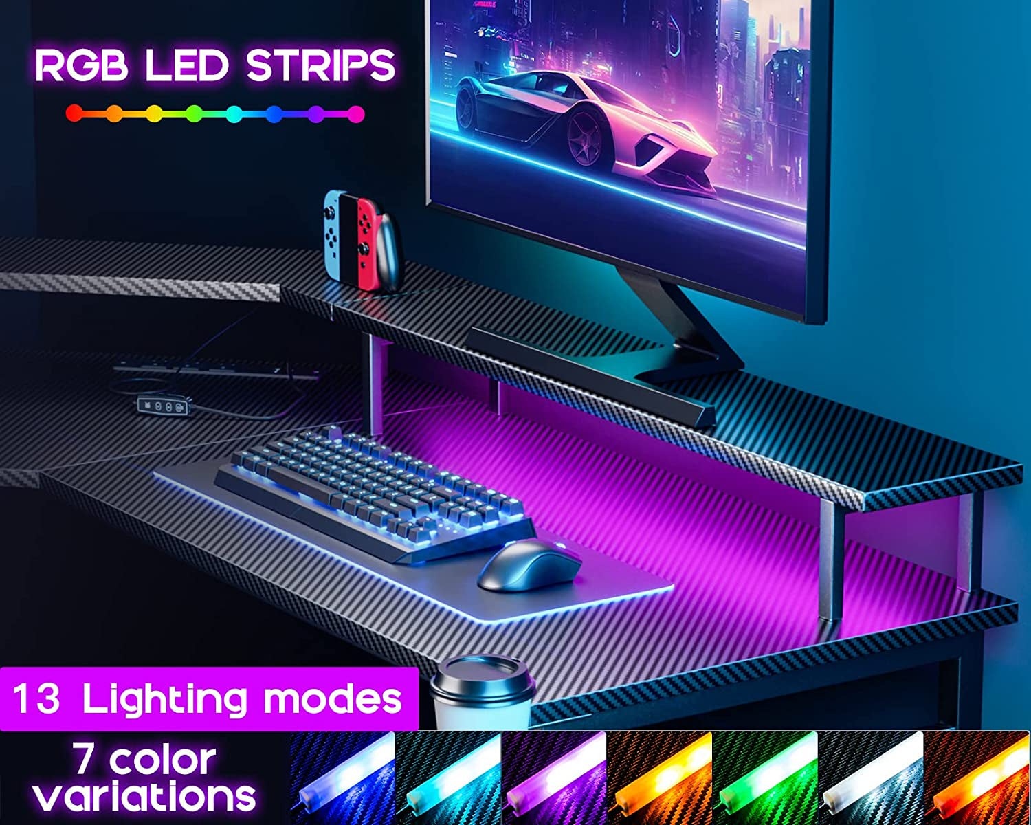 Gaming Desk - Computer Desk LED Lights & Power Outlets & Full Monitor Stand & Cup Holder