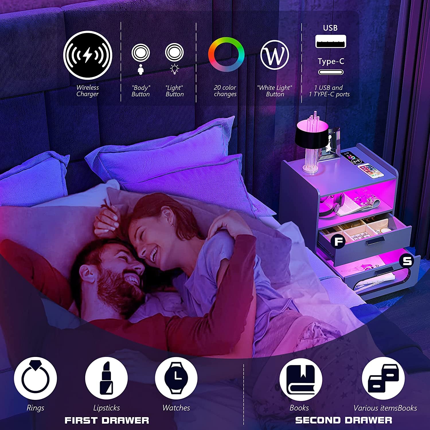 Bedside Table - RGB Nightstand with Wireless Charging Station and USB Ports LED 24 Color