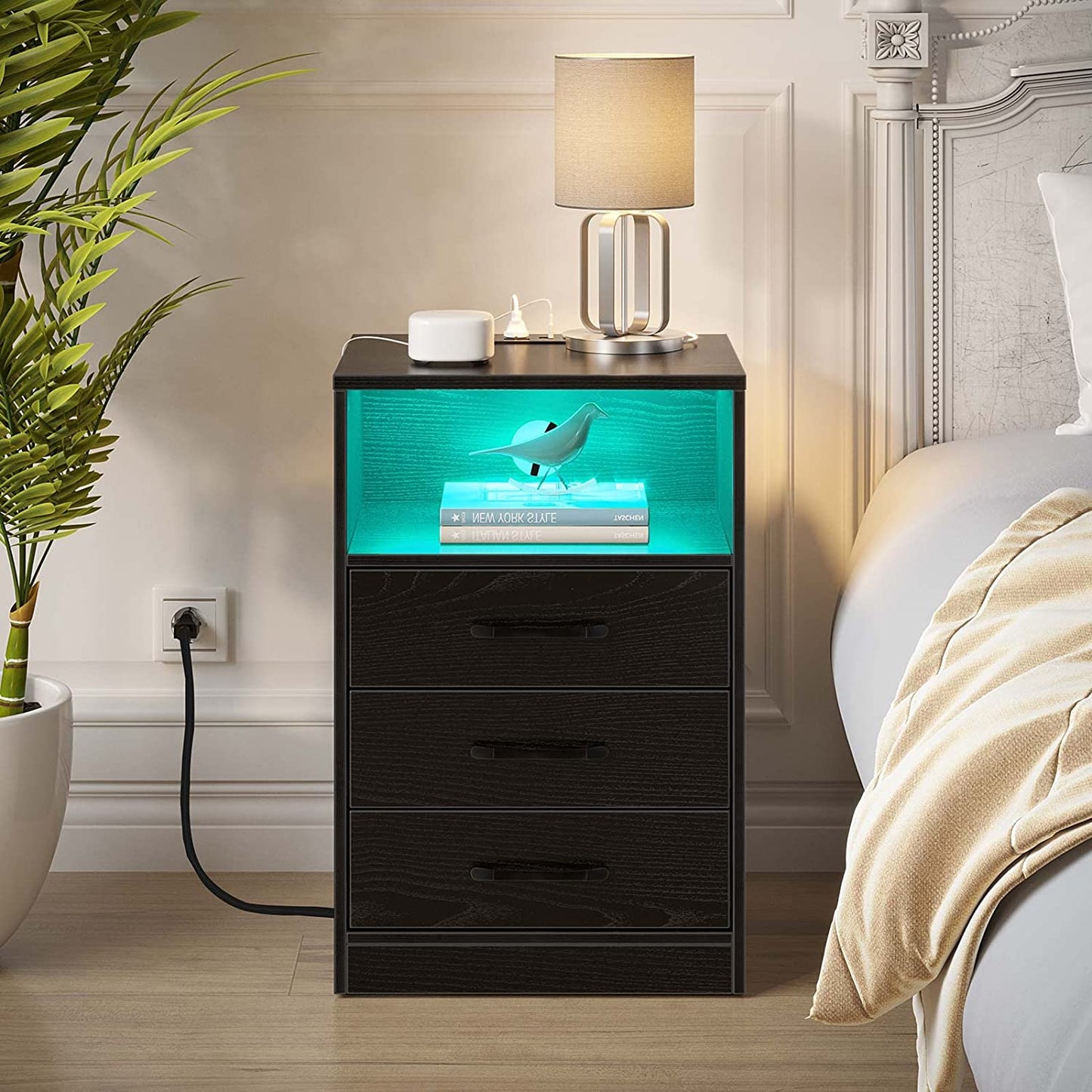 Bedroom Table - Nightstand with Wireless Charging Station and LED Lights & 3 Drawers