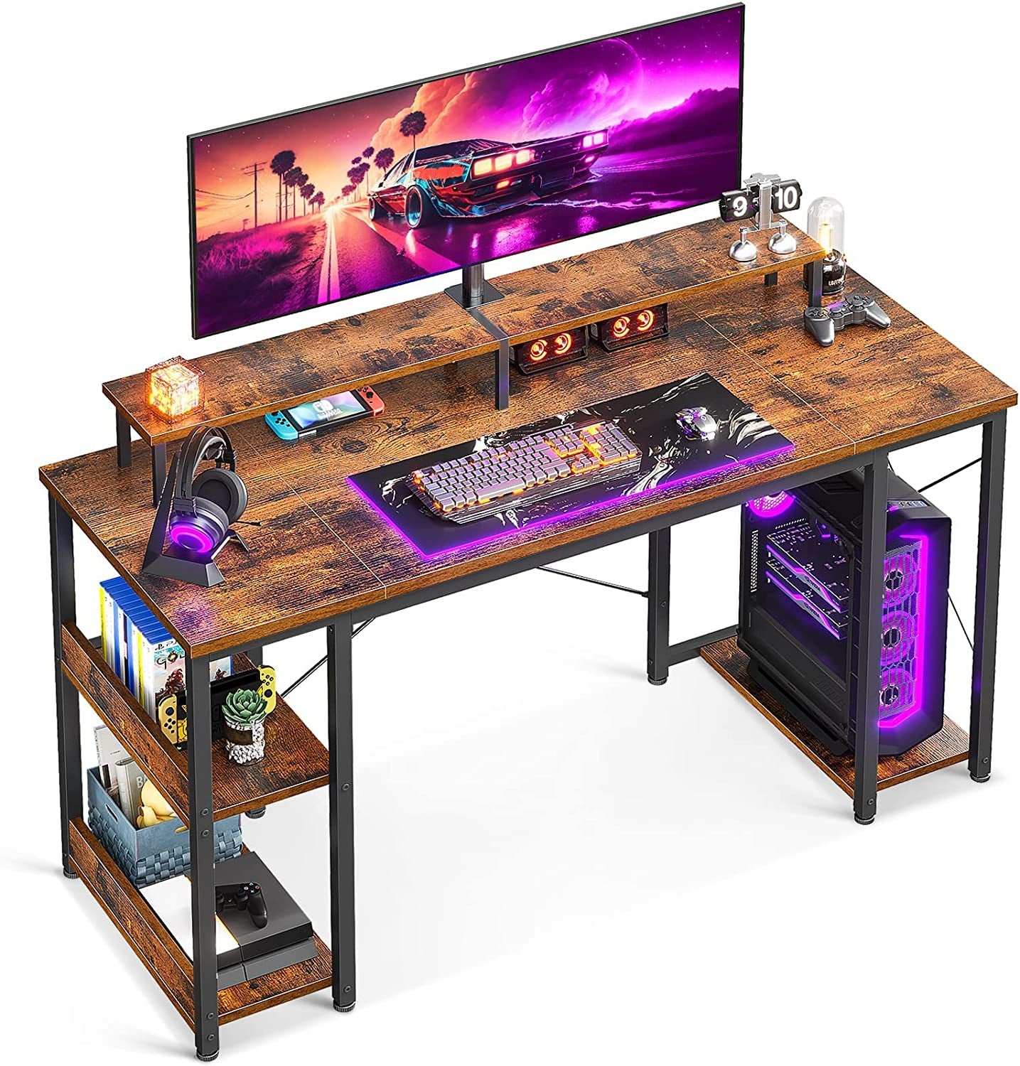 Computer Desk - 55 Inch Vintage Gaming Desk with Monitor Shelf and Storage Shelves