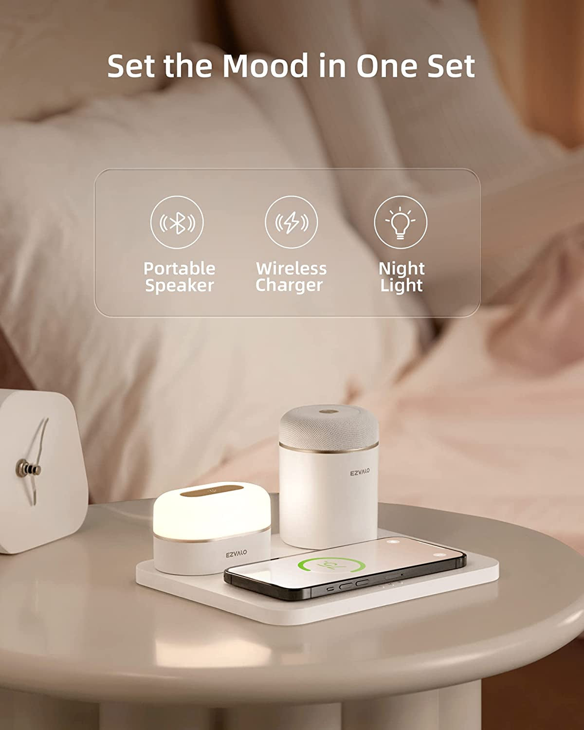 3 in 1 Wireless Charger Station with Bluetooth Speaker and LED Night Light