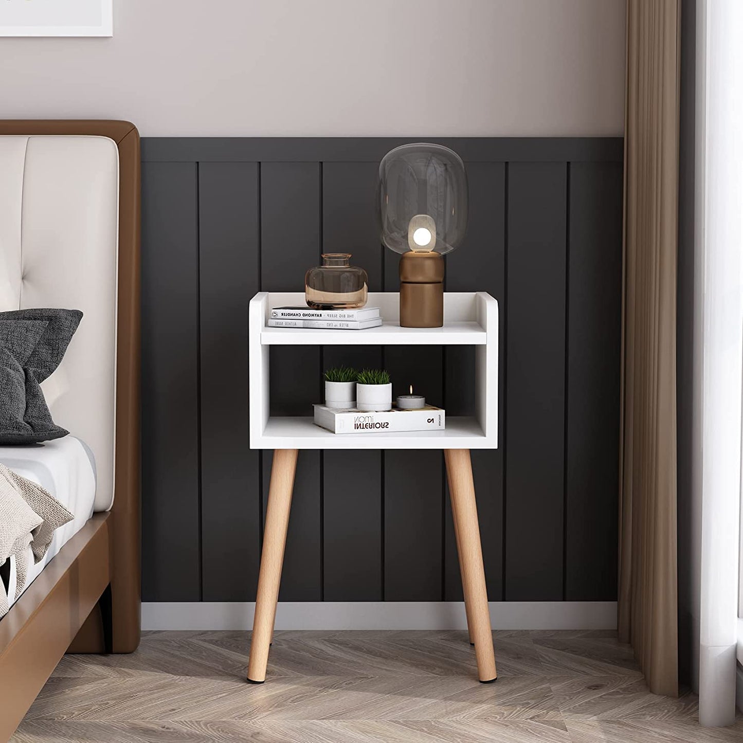 Bedside Nightstand Bedside Table with Solid Wood Legs Open Storage Shelf