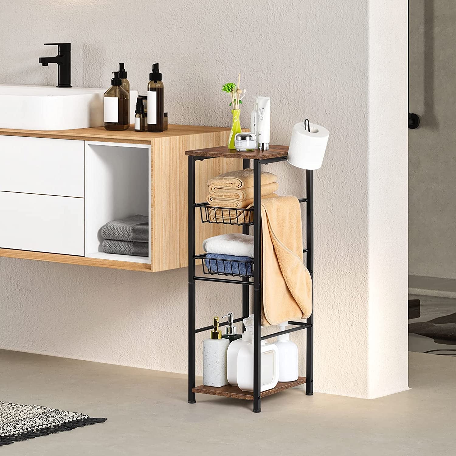 Bathroom Floor Storage Cabinet - Toilet Storage with Drawers and Toilet Paper Holder