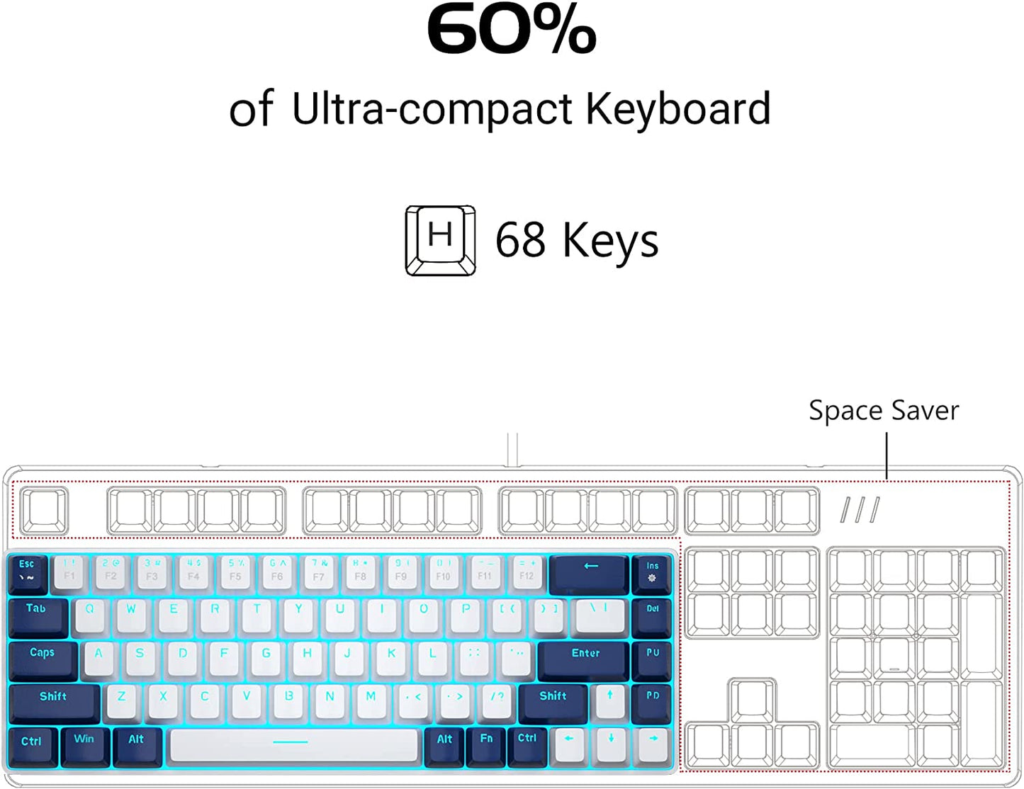 Mechanical Gaming Keyboard - LED Backlit Compact 68 Keys Mini Wired Office Keyboard