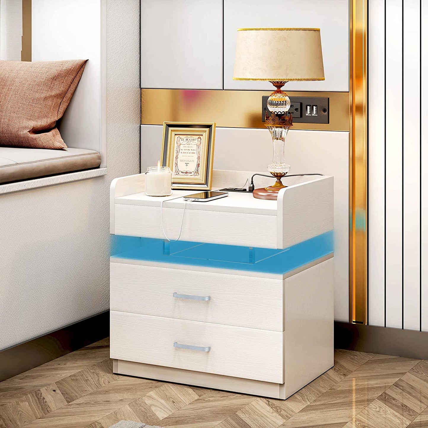 LED Voice-Activated Mode Nightstand - Bedside Table with Charging Station & 2 Drawers