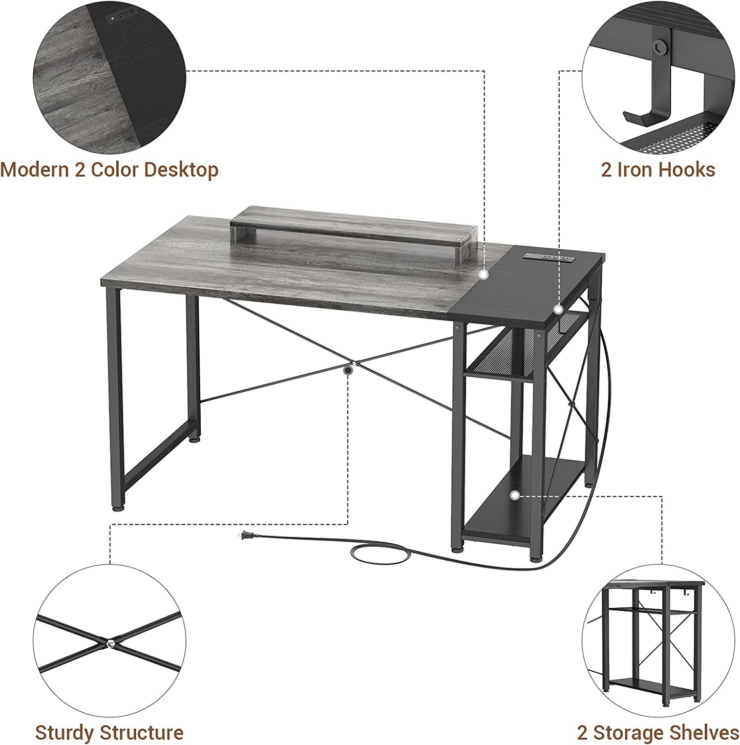 Gaming Desk with Power Outlet and USB - 40 Inch Reversible Laptop Table