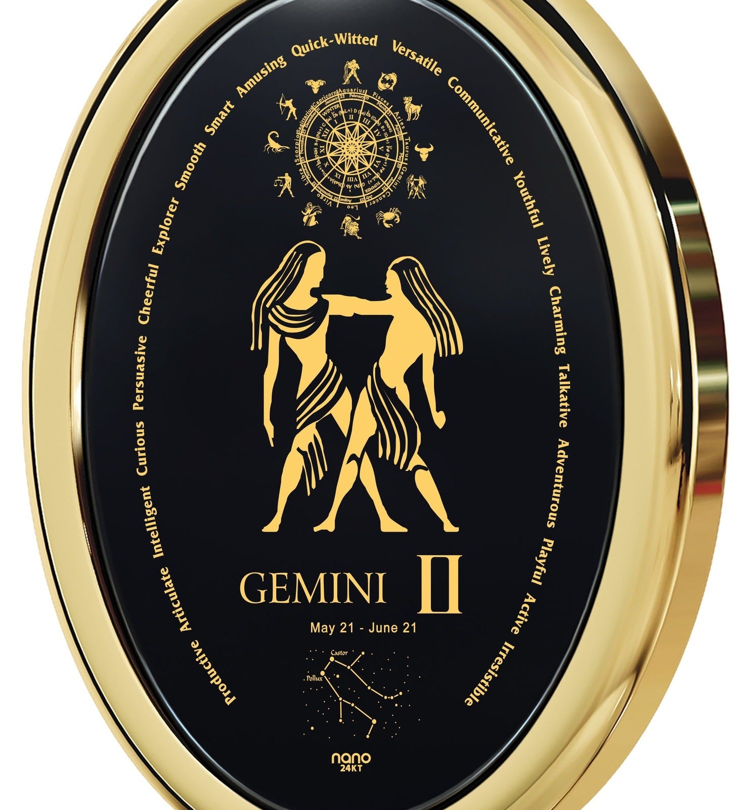 Gemini Necklace 24k Gold Inscribed on Onyx Stone